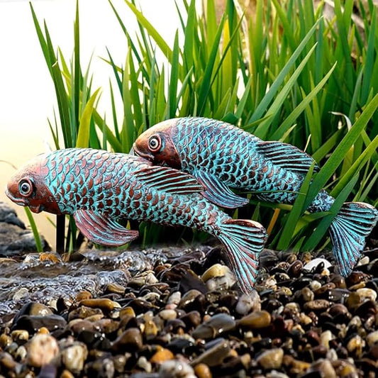 Koi Fish Decor - Set of 2 Antique Koi Fish Garden Statue for Outdoors, Patio and Backyard Decoration