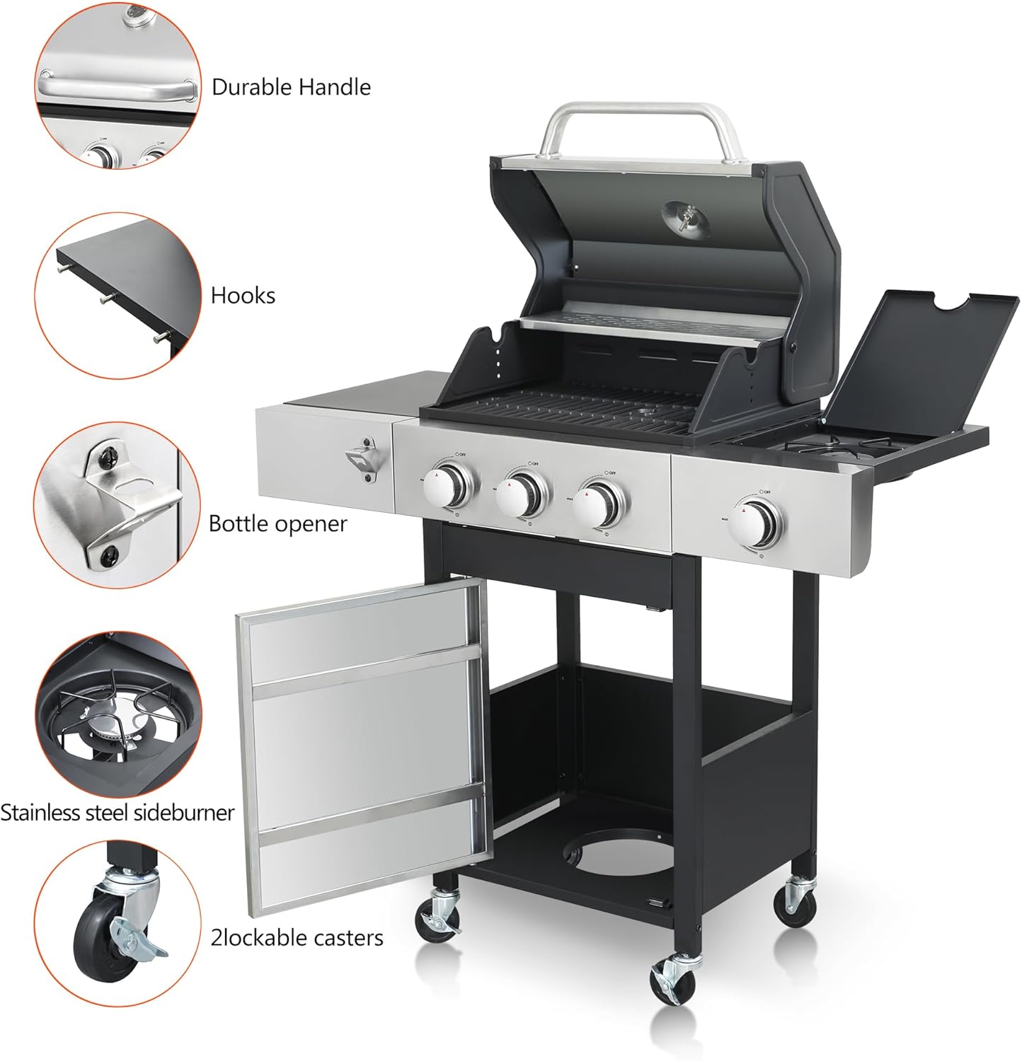 3-Burner Propane Gas Grill with Side Burner, 25,650 BTU Outdoor BBQ Grill with Stainless Steel Warming Rack, Enameled Cooking Grids, Built-in Thermometer & Foldable Side Tables with 6" Wheels