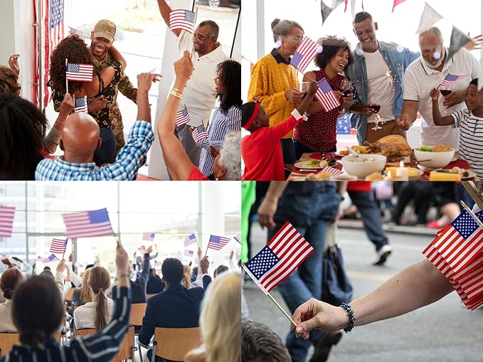 300pcs Small American Flags on Stick, Handheld 8 x 5.5 Inchs Mini American Flags with Kid-Safe Golden Spear Top, US Flags for 4th of July Decorations Outdoor, Independence Day Decorations