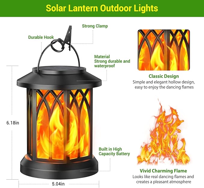 KOOPER Hanging Solar Lights Lantern Outdoor, Flickering Flames Solar Outdoor Lights, Solar Lanterns Outdoor Waterproof with Bigger Solar Panel, Auto ON/Off Solar Lantern for Yard Garden Decor, 2 Pack