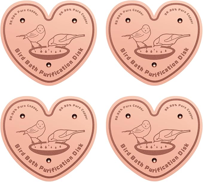 4-Pack 99.99% Pure Copper Bird Bath Purification Disk,Copper Disc with Stable Triple-Point Support,Fits All Outdoor Bird Baths(Heart-Shaped)