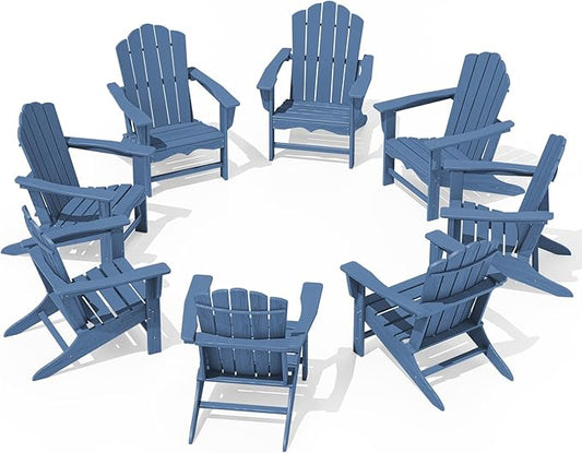 KINGYES HDPE Adirondack Chair, Classic All-Weather Adirondack Chairs Set of 8, Outdoor Patio Adirondack Chair for Deck Lawn fire Pit, Navy