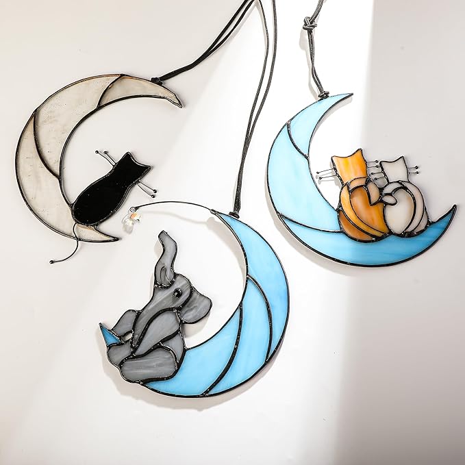 HDCRYSTALGIFTS Glass Elephant Ornament Stained Glass Window Hanging Decor, Modern Design Elephant on Moon with Star Collectibles Handcrafted Sun Catcher Gifts for Birthday Women