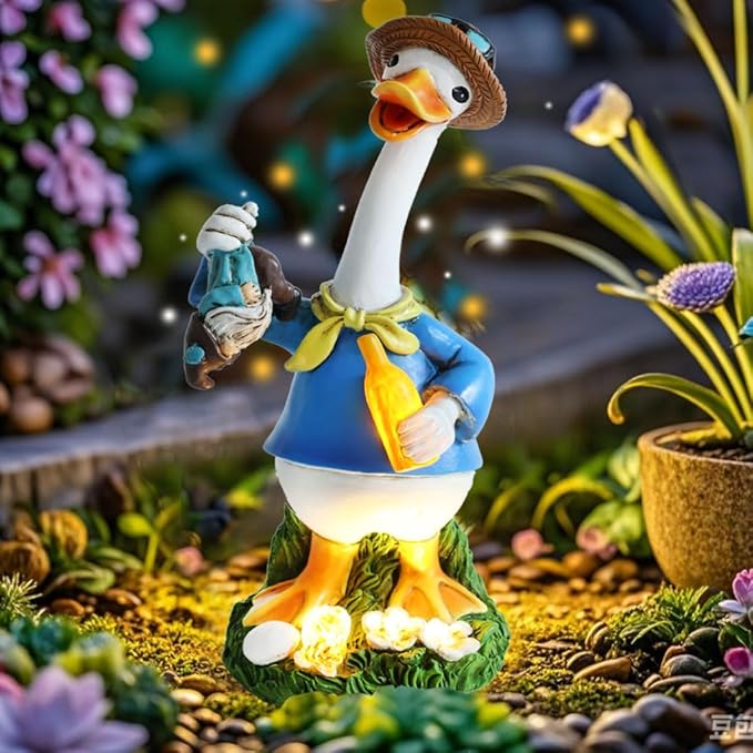 Garden Goose Statue Outdoor Decor, Funny Drunk Gnome Catched by Gardener Goose with Solar Bottle,Ideal Gifts for Women,Outdoor & Home Decor for Housewarming