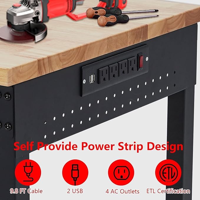 48'' Adjustable Workbench on Wheels, 2000LBS Heavy Duty Worktable with Power Outlets & Drawers & Pegboard, Rubberwood Workstation for Workshop, Garage, Office, Home