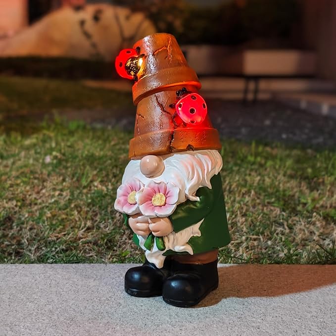 Garden Gnome Statues Outdoor Decor, Solar Gnomes with LED Lighted Flowers, Solar Resin Outdoor Statue Sculpture, for Woman Gift Home and Garden Decor