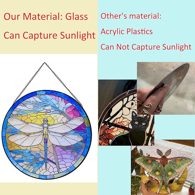 Hanging Stained Glass for Windows,20cm/7.87inch Dragonfly Hand-Painted Sun Catcher Garden Hangings Christmas Mother's Day, Valentine's Day Ornaments Festival Gift (B Style)