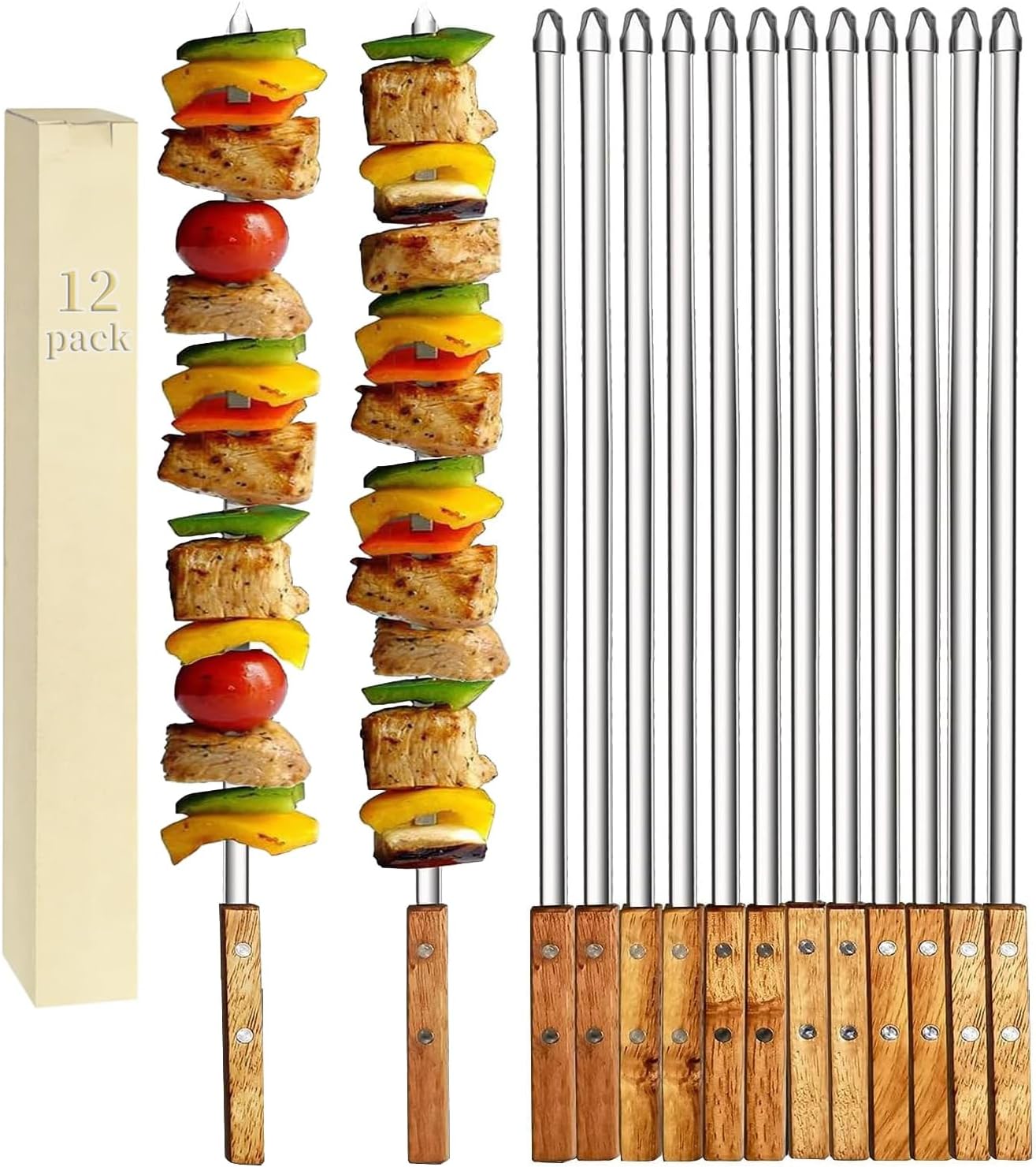 12 Pack Kebab Skewers 23.5 Inch Long Flat Stainless Steel Grilling BBQ Skewer Reusable Barbecue Skewers with Wood Handle,Ideal for Koubideh Persian Brazilian Chicken Shrimp Turkish Shish Kabob