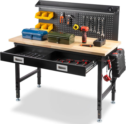 48" Workbench with Drawers, Work Benches for Garage with Strip Light, Adjustable Work Table with Large Pegboard, 2000 LBS Heavy Duty Table with Power Outlet Rubber Wood for Garage, Office
