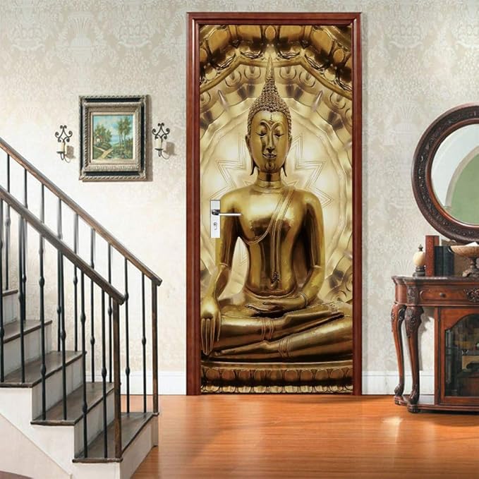 3D Door Stickers - Buddha Statue - Peel & Stick - Waterproof & Washable - Matt Finish - Oriental Style - Door & Wall - 2 Pack - 33.9" x 78.7"