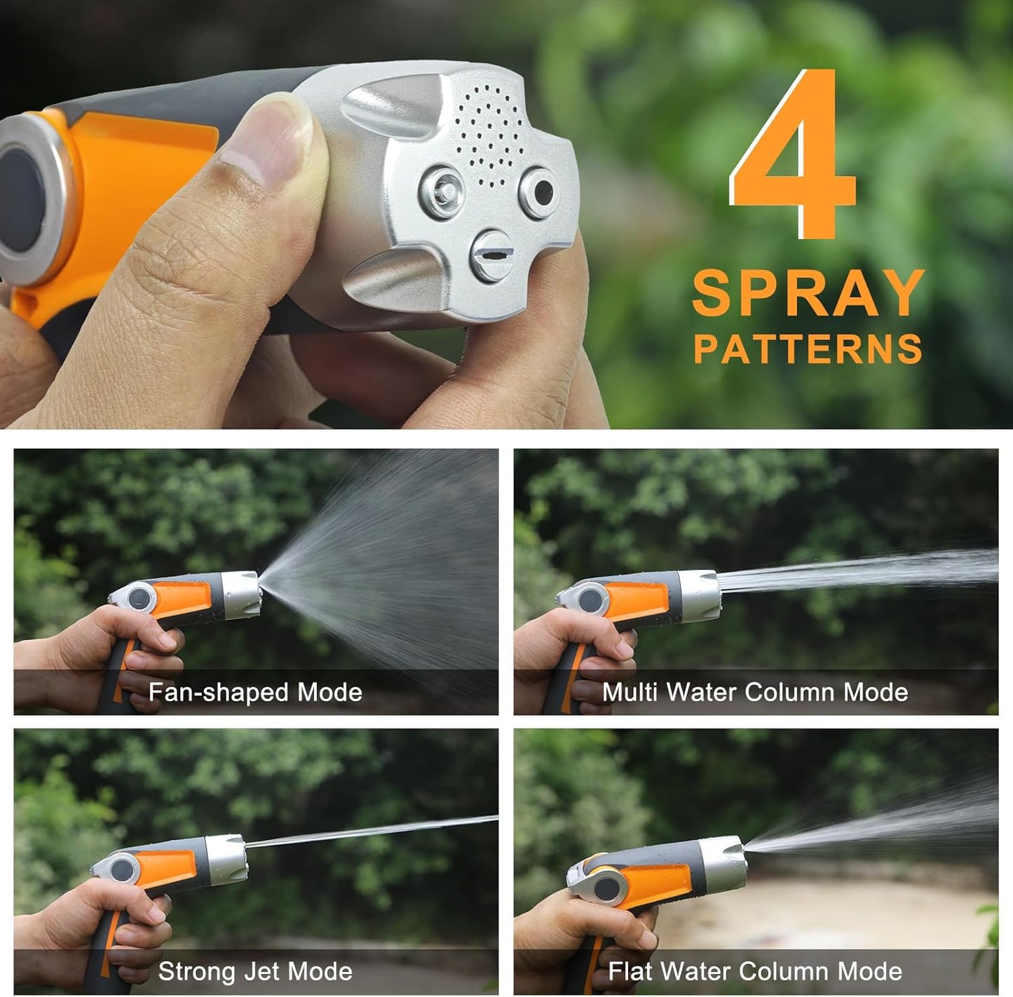 Heavy Duty Garden Hose Nozzle Sprayer - 4 Spray Patterns, High Pressure, Thumb Control Flow Valve w/On-Off, Washers for Watering, Car & Pet Washing