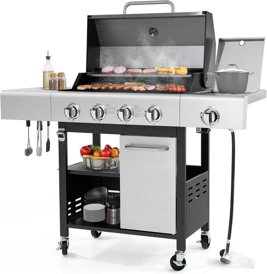 4-Burner Propane Gas Grill with Side Burner & Cabinet, 50,000 BTU Outdoor BBQ Grill with Porcelain-Enameled Cast Iron Grates, Stainless Steel Barbecue Grill for Outdoor Cooking (Silver)