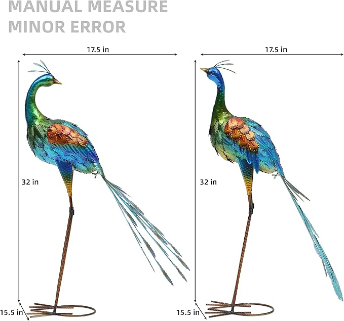 32" Tall Metal Peacock Garden Decor Outdoor Statues, Metal Standing Couple Peacock Decor for Outdoor, Handcrafted Garden Art Sculptures for Patio, Yard, Lawn Home Decoration, Set of 2