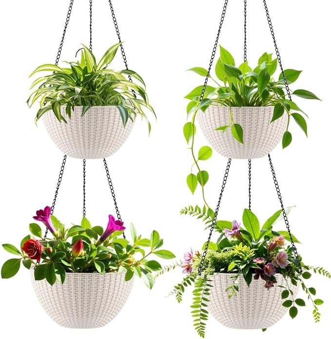 Hanging Planters for Indoor Outdoor Plants 8/10 Inch, 4 Packs Plant Hanger with Drainage Holes, Hanging Basket Flower Pot Perfect for Home, Office and Garden,White
