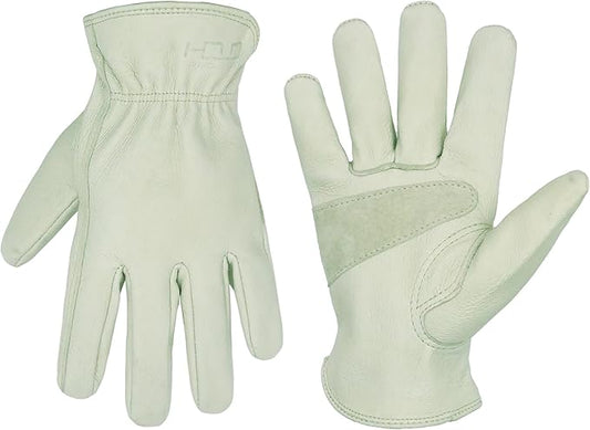 HLDD HANDLANDY Leather Work Gloves for Men & Women, Adjustable Wrist Cowhide Gardening Glove with Reinforced Palm for Driver