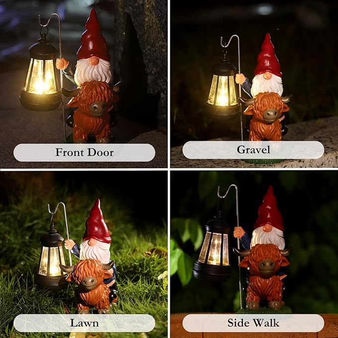 Garden Gnomes Outdoor, Highland Cow Decor, Gnomes Cow Decor for Outside, Gnomes Decorations for Yard, Gnome Garden Decor with Solar Lights, Outdoor Solar Garden Statues, Gnomes Gifts(Red Hat)