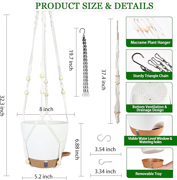 Hanging Planter for Indoor Plants 8 Inch, 2 Pack Hanging Baskets for Plants, Self Watering Hanging Flower Pots with Drainage Hole & 2 Kinds of Plant Hangers for Garden Home Decor (White, 8 inch)