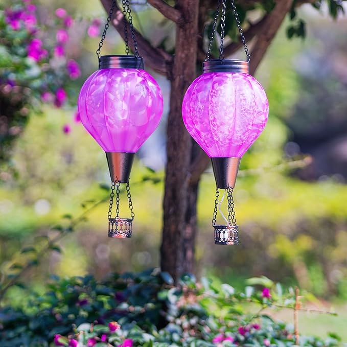 2PC Hot Air Balloon Solar Lantern with Flame, Pink Glass Balloon Lantern Lights Outdoor Waterproof, Hanging Solar Lights for Outside Garden Yard Patio Tree Porch Gift for Women Lovers Mom