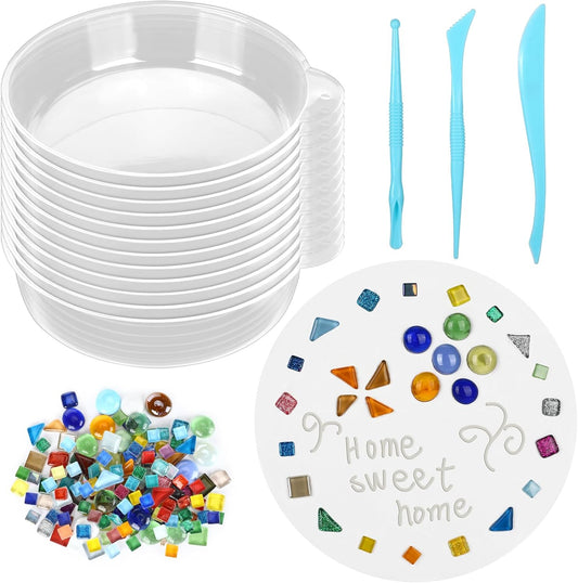 24 Pcs Stepping Stone Kit Includes Round Concrete Mold, Mosaic Tiles and Carving Tools, DIY Craft Handmade Stepping Stone Kit for Kids, Family, Garden Outdoor Decor (No Concrete Mix)