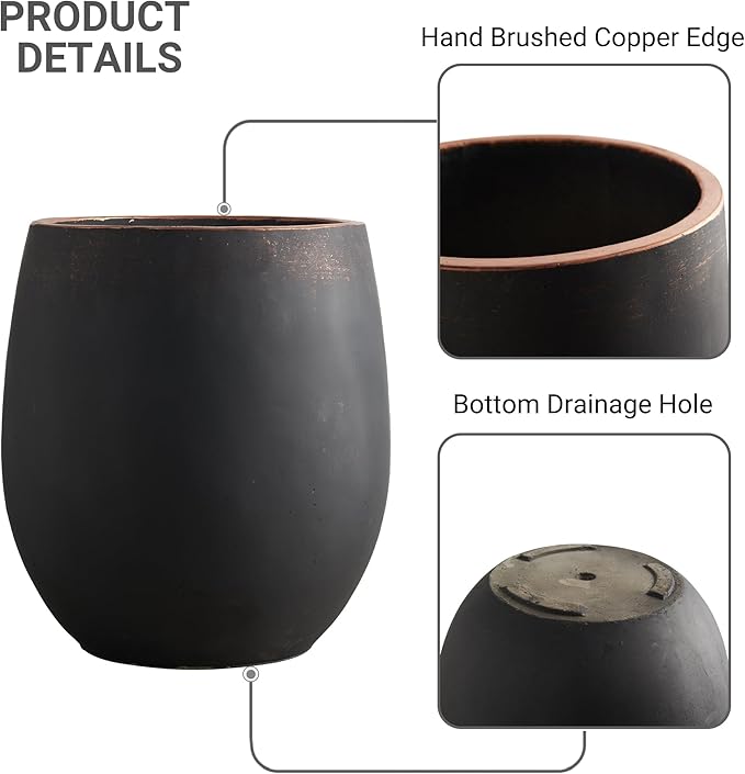15.5" H Outdoor Concrete Planter, Round Flower Pot with Drainage Hole and Silicone Plug, Plant Container for Garden, Patio, Home, Office, Black, Copper Rim, 1 Pack