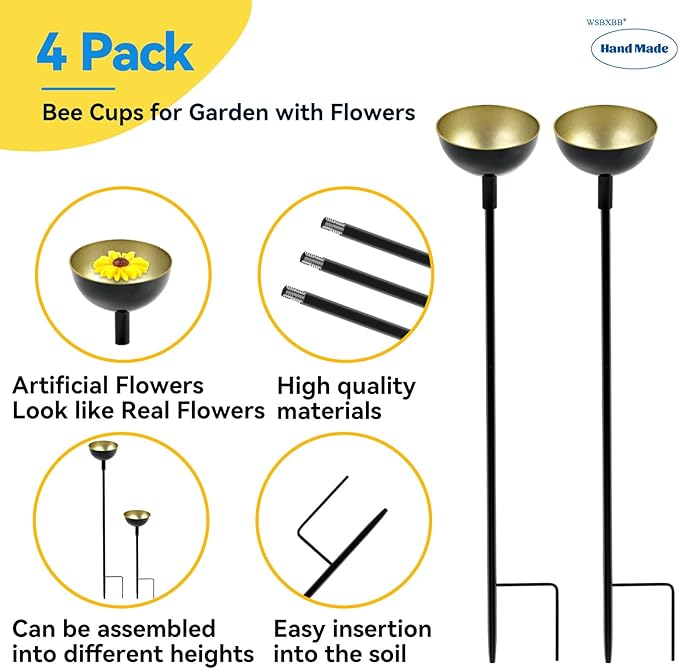 4 Pack Bee Cups For Garden with Artificial Flowers, Bee Waterer And Butterfly Water Stations, Bee Water Catcher Cups For Thirsty Pollinators, Bee Bath, Colorful Metal Garden Sculpture Stakes Decor