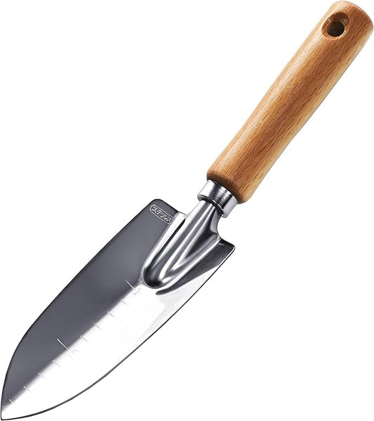 Garden Helper Garden Trowel with Measurements for Planting (Narrow), Garden Hand Shovel Japanese Stainless Steel, Wooden Handle, Made in Japan