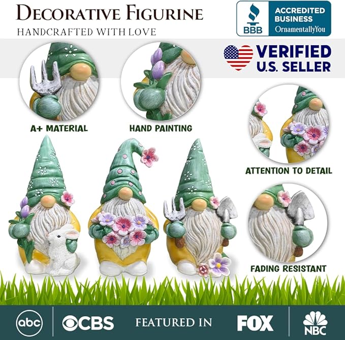 Garden Guardians Set of Three 6" Gardening Gnome Figurines, Floral Green and Yellow Statue Decor