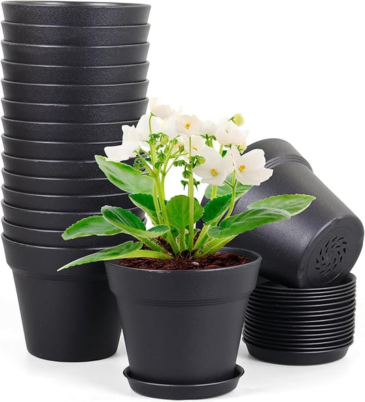 4 inch Small Plastic Nursery Pots, Seedling Pots, 16 Pack Plant Pots for Indoor Outdoor Plants, Flower Pots with Drainage Holes and Saucers, Decorative Planters for House Plants, Black