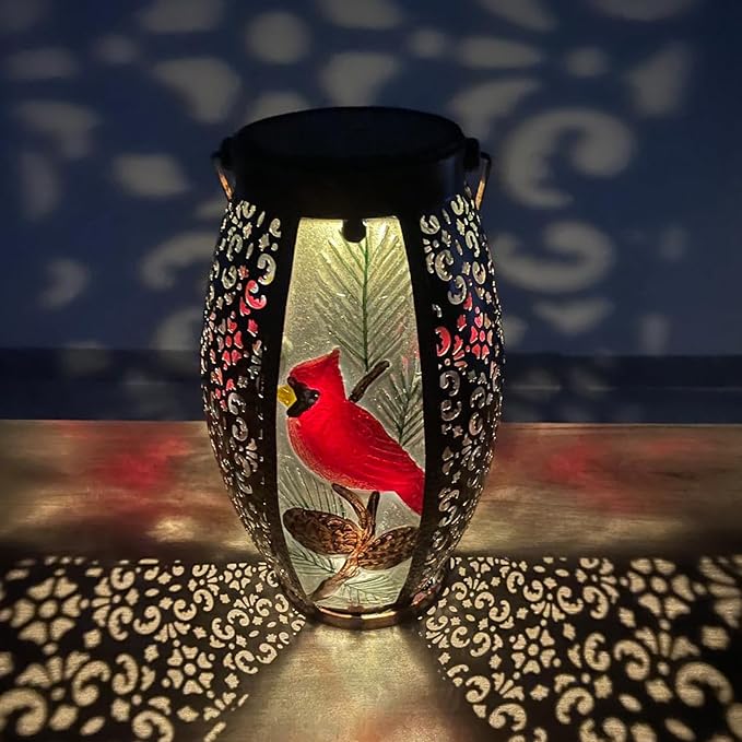 2PCS Cardinal Solar Lanterns Glass & Metal Hanging Light Outdoor Waterproof 16" H Tabletop Lamp with Hollowed-Out Design with Shepherd's Hooks for Garden Patio Table Decor