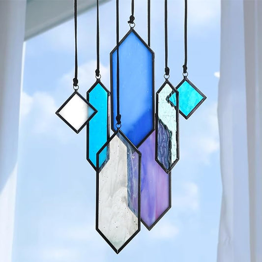 HDCRYSTALGIFTS Stained Glass Window Hanging Suncatchers - 7 Pieces Handcrafted Element Earth Tones Set,Modern Blue Wall Art Sun Catchers Indoor Window Glass Decor Gifts for Mom,Grandma