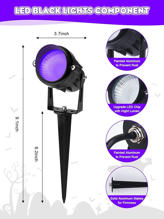 Halloween Black Light Outdoor Spotlight, 12W Purple LED Spotlights Blacklight, Waterproof Spot Landscape Lights with US Plug for Glow Party, Poster, Bar, Yard, Garden Gyms Decor (1Pack)