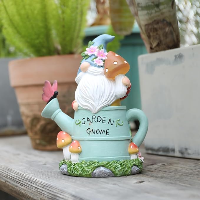 Garden Gnome Statue, Novelty Gnome Outdoor Figurine with Watering Can Shape and Flowers Butterfly Decor - Resin Gnome Sculpture with Mushroom Solar Lights for Porch Patio Yard Outdoor Decor
