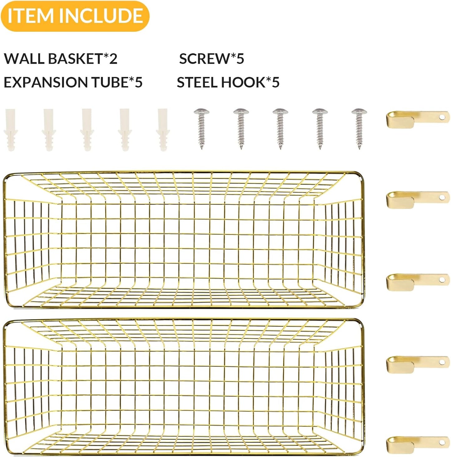 2 Sets Extra Large Hanging Wall Basket, Gold Metal Wire Baskets with Steel Hooks for Organizing, WallmountedFruit Vegetable Toy Snack Storage, Home Kitchen Bathroom Laundry Pantry Organizer