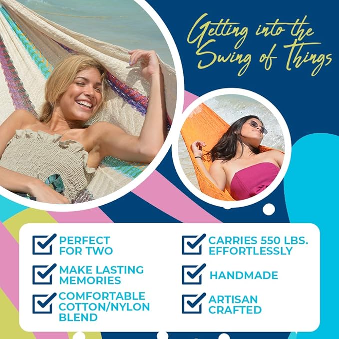 Handmade Hammocks - Hammocks Rada Handmade Yucatan Hammock - Artisan Crafted in Central America - Fits Most 12.5 Ft. - 13 Ft. Stands - Carries Up to 550 Lbs for Two