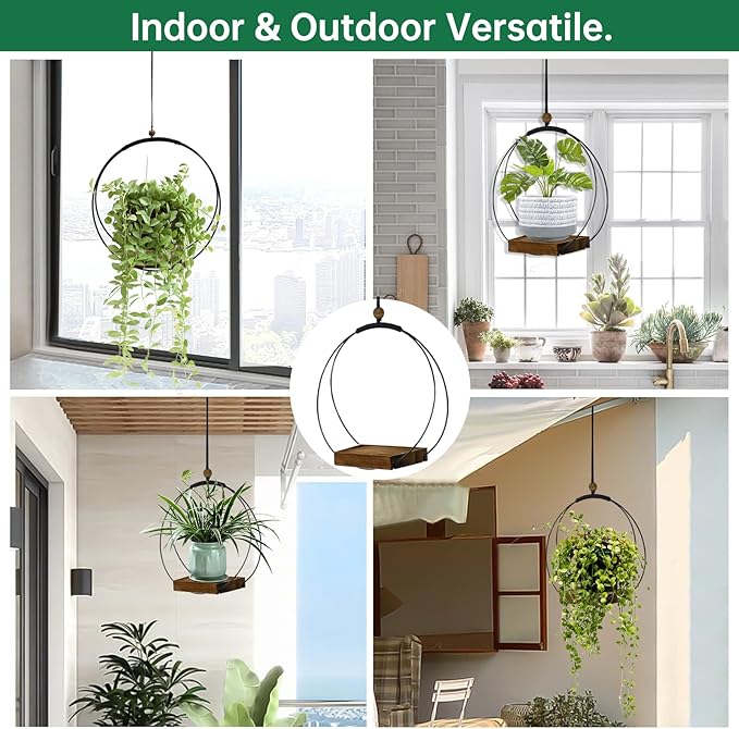 Hanging Planters for Indoor Plants, Black Plant Hanger Indoor with Sturdy Wood Base, Modern Boho Macrame Plant Hanger, Hanging Wall Ceiling Window Home Decor (Plants/Pots Not Included)