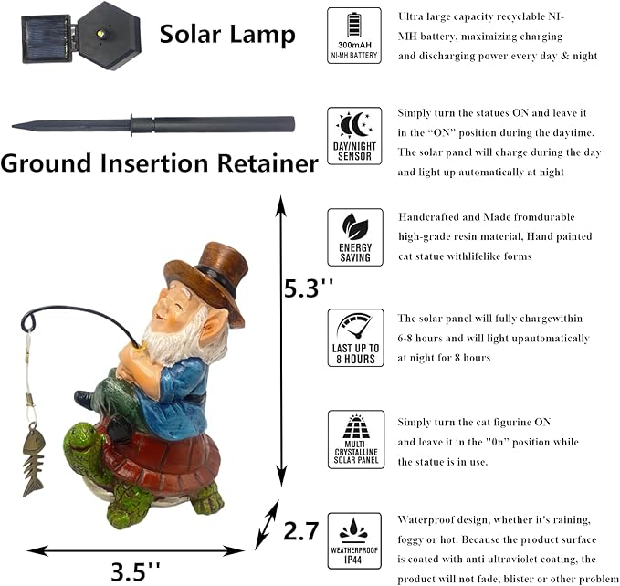 Garden Gnome Turtle solar LED Pond Statue Decoration, Fishing Gnome Turtle Garden Statue Outdoor Koi Pond or Waterfall or lawn Decor,5.3" Gnome turtle Fishing Poolside Statue contains ground insertion