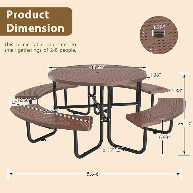 46'' Steel Round Picnic Table for Outdoors, Expanded, Lifetime Picnic Table with Umbrella Hole, Heavy Duty Sturdy Commercial Picnic Tables for Garden Courtyard BBQ, Coffee