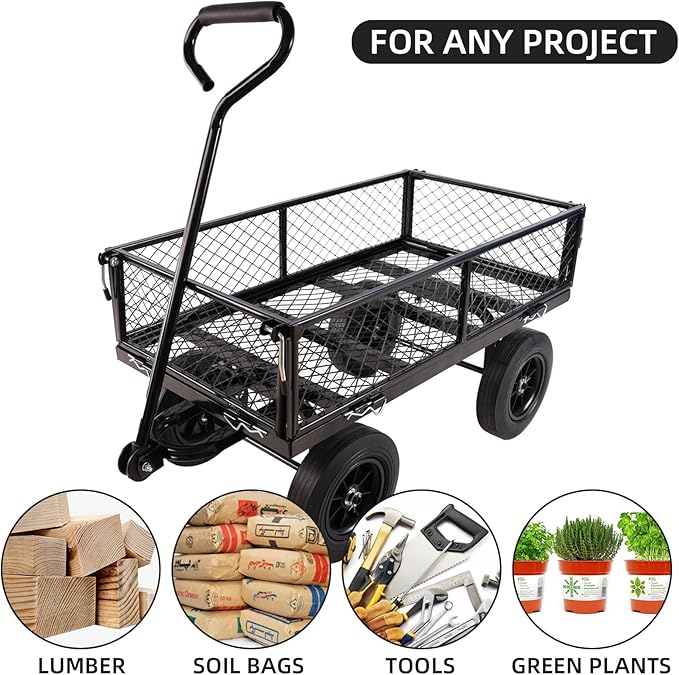 Heavy Duty 480 Lbs Capacity Mesh Steel Garden Cart Folding Utility Wagon with Removable Sides (Black)