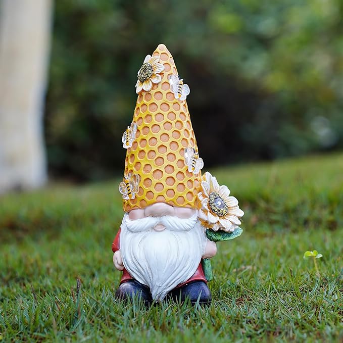 Garden Gnome Statue Solar Powered with Glowing Bees Sunflower Outdoor Funny Resin Figurine Decorations for Patio Yard Lawn Porch Housewarming Ornament Gift