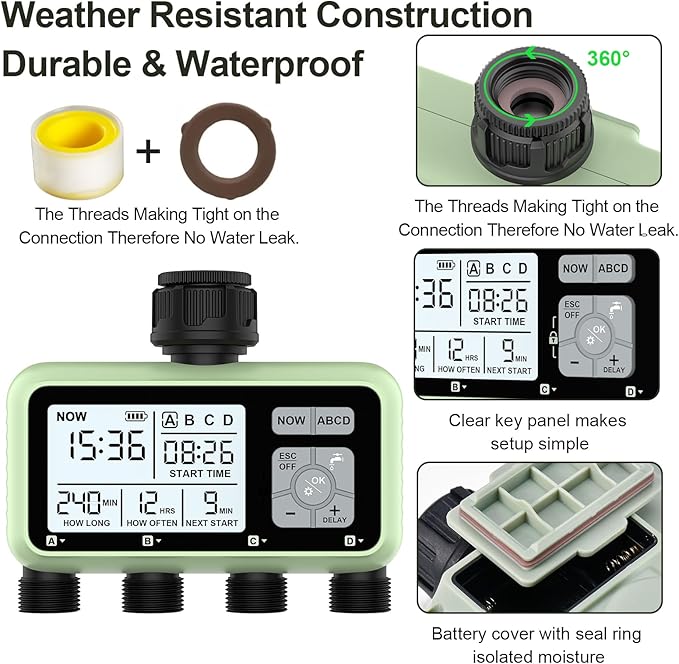 4 Outlet Sprinkler Timer, Programmable Garden Hose Timer with Rain Delay, Manual& Automatic Watering System, Waterproof Gardening Supplies Irrigation Controller for 4 Separate Water Zones