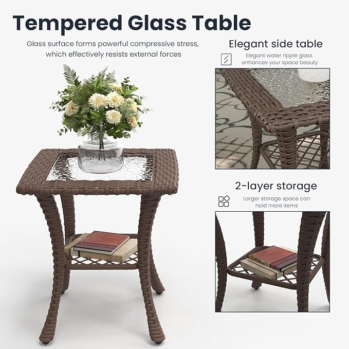 3 Pieces Outdoor Patio Furniture Sets with Rocking Swivel Chairs with 6-inch Thick Cushion and Side Table for Deck Lawn