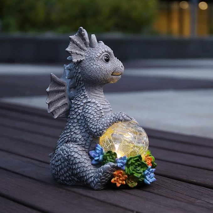 Garden Dragon Statue Outdoor Decor, Large Dragon Figurine with Solar Crackle Globe Light Yard Art Decoration Resin Ornament for Indoor Home Outdoor Patio Lawn Gift