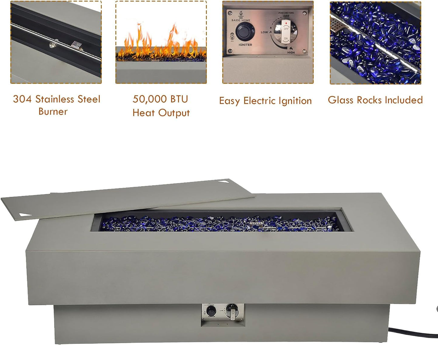 48-inch Fire Table with 20lb Propane Tank Cover, 50,000BTU Outdoor Modern Patio Fire Pit Table w/Rectangular Burner Lid, Glass Rocks, Pre-Attached 10ft External Gas Hose