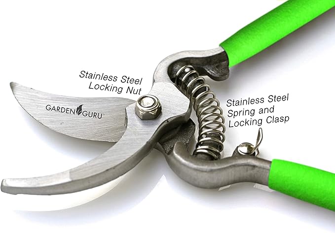 GARDEN GURU Classic Bypass Pruning Shears Clippers – Heavy Duty Forged Steel Garden Pruners – Safety Lock – Non Slip Comfort Grips – Cuts up to 1” Diameter – Professional Bypass Pruners for Gardening