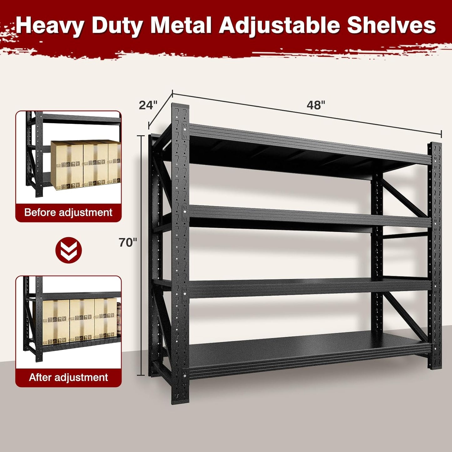 3000LBS Metal Steel Storage Shelves - 48" W Black 4 Tier Heavy Duty Rack Commercial Industrial Shelving with Adjustable Shelf for Basement Garage Warehouse Supermarket - 48" W x 24" D x 70" H