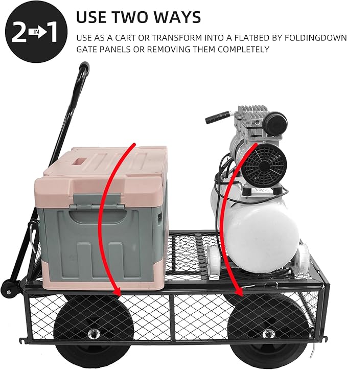 Heavy Duty 480 Lbs Capacity Mesh Steel Garden Cart Folding Utility Wagon with Removable Sides (Black)