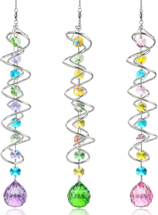 H&D HYALINE & DORA Set of 3 Crystal Sun Catcher for Window Hanging Double-Spiral Gazing Ball Spiral Tail Rainbow Maker Wind Spinners Outdoor for Garden, Patio, Porch, Christmas