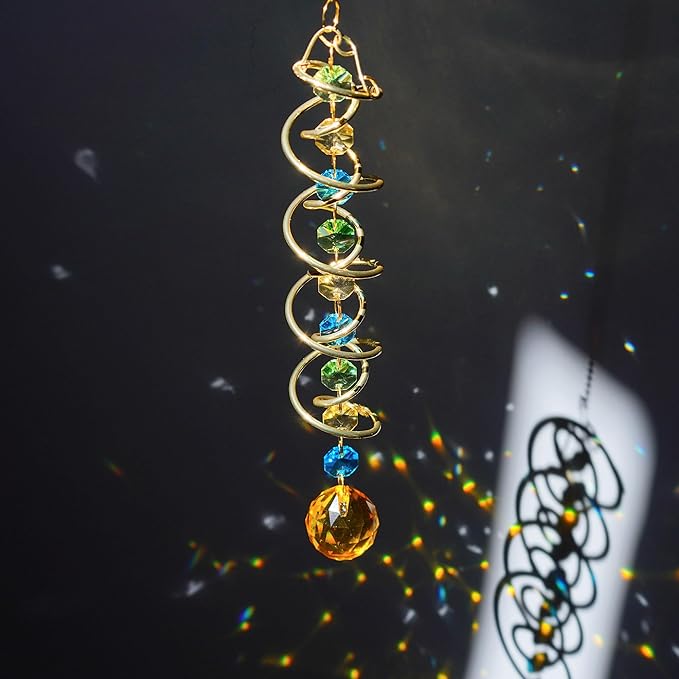 H&D HYALINE & DORA Glass Gazing Ball Spiral Tail Decorative Sun Catcher,17.7in Rainbow Maker Double-Spiral W/Yellow Crystal Ball Prism Sun Catcher for Indoor Outdoor Garden Decoration