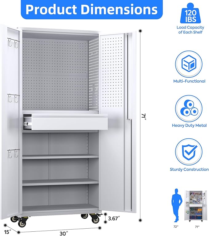 Garage Storage Cabinet with Locking Doors and 2 Adjustable Shelves, 71" H Metal Rolling Tool Storage Cabinet with Wheels, Drawer, Pegboard and 16 Hooks for Garage, Warehouse, White and Gray