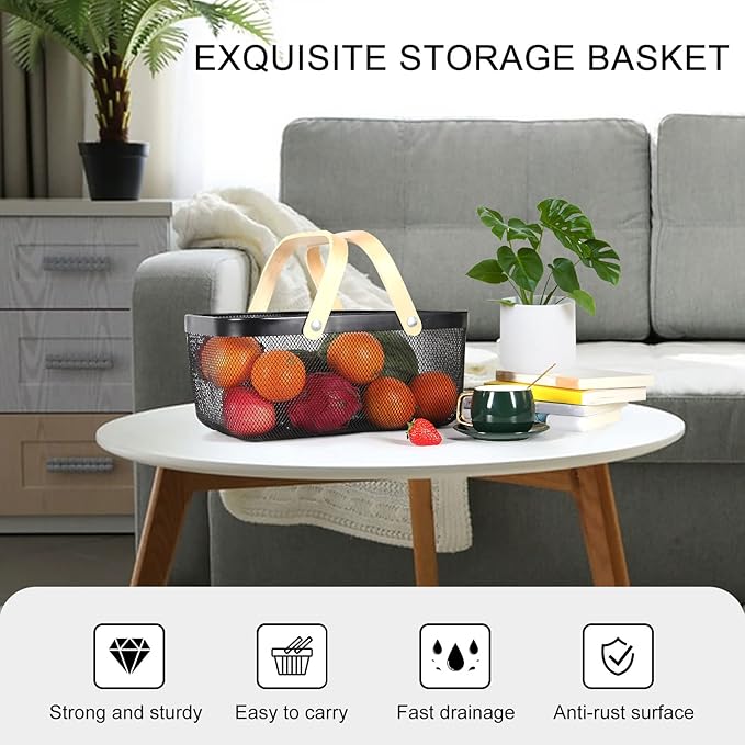 Garden Harvest Basket,Delicate Harvest Basket for Garden Vegetables,Practical Metal Mesh Wire Basket with Handle Suitable for Bathroom,Cabinet,Kitchen(Black)